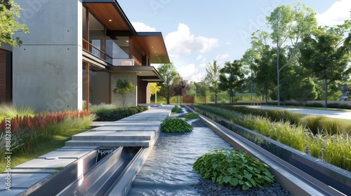contemporary suburban home with innovative rainwater collection systems integrated into the landscape design, visible as elegant water channels