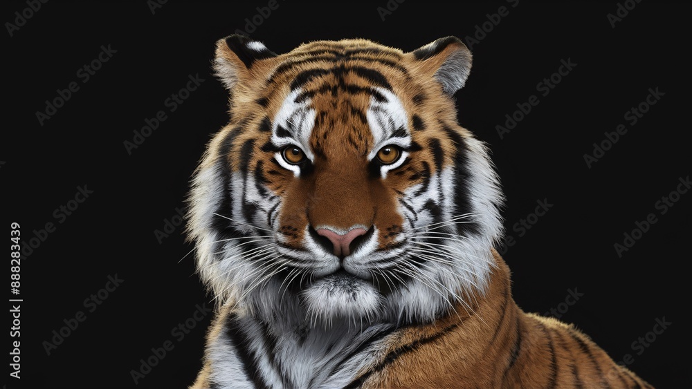 Fototapeta premium Tiger's Gaze: A majestic Siberian tiger stares intently into the camera, its powerful presence captivating with intense eyes and striking black stripes. The dark background isolates the animal, highli