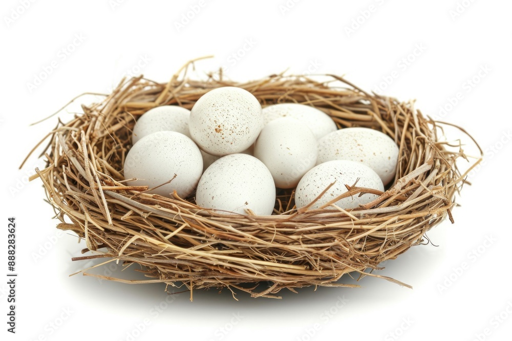 A natural bird's nest brimming with colorful eggs, perfect for nature photography or educational purposes A natural bird's nest brimming with colorful eggs, perfect for nature photography or educational purposes
