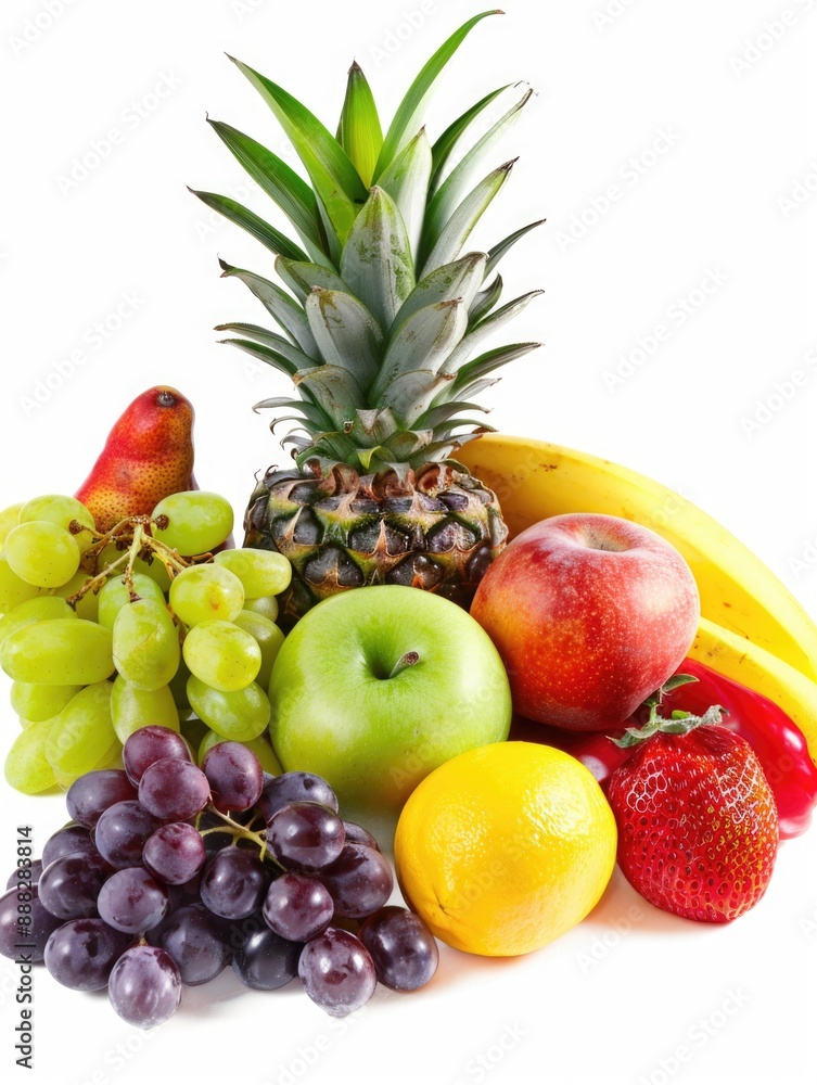 An array of mixed fruits - bananas, apples, oranges, and grapes An array of mixed fruits - bananas, apples, oranges, and grapes