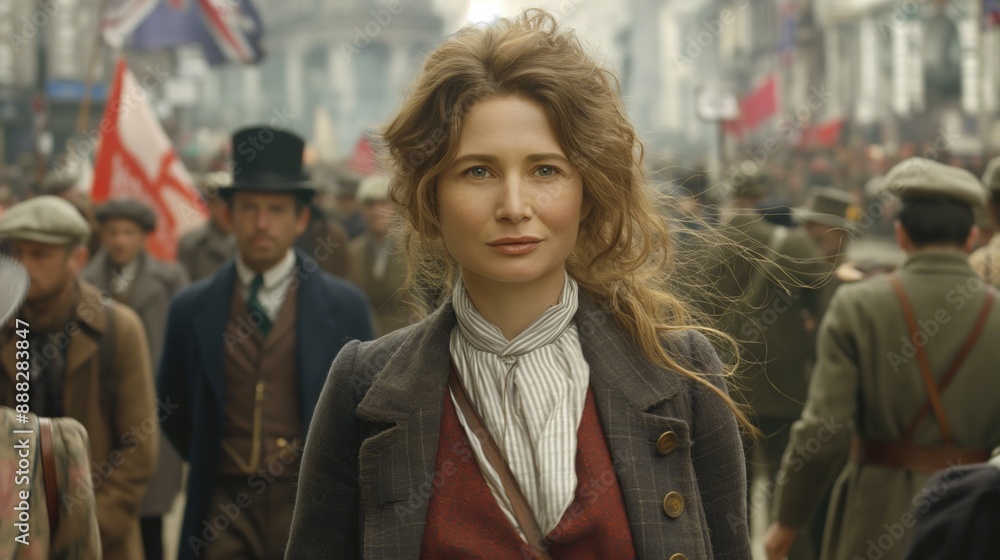 Poignant portrait of a suffragette, her determined expression symbolizing the fight for womens rights and equality during the early 20th century Poignant portrait of a suffragette, her determined expression symbolizing the fight for womens rights and equality during the early 20th century