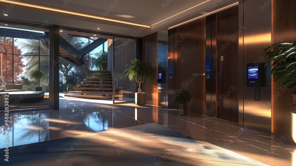 Naklejka premium contemporary suburban home with a futuristic edge, featuring automated sliding doors and a high-tech security system