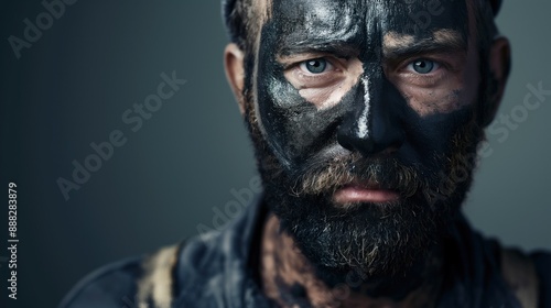 Powerful portrait of an early 20th-century industrial worker, with soot-covered face and overalls, symbolizing the eras rapid industrialization and labor struggles © Anna