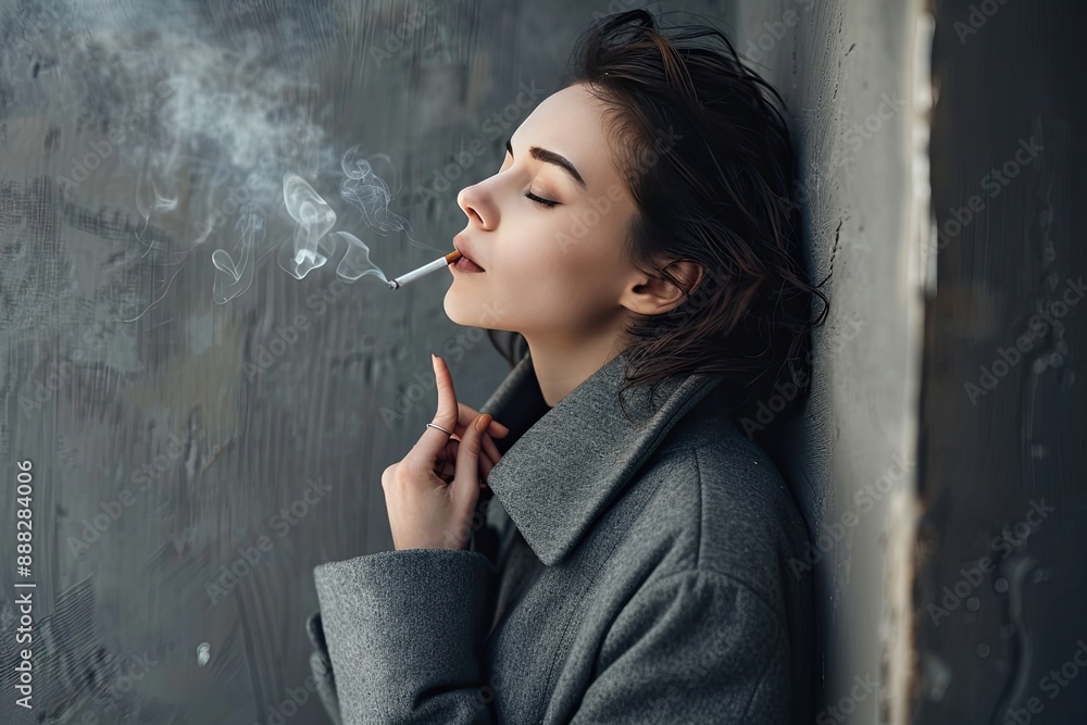 Fototapeta premium Woman Exhaling Smoke in Dark Room