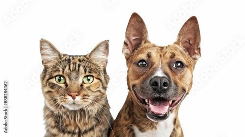 Portrait of Happy dog and cat that looking at the camera together isolated on transparent background, friendship between dog and cat, amazing friendliness of the pets.