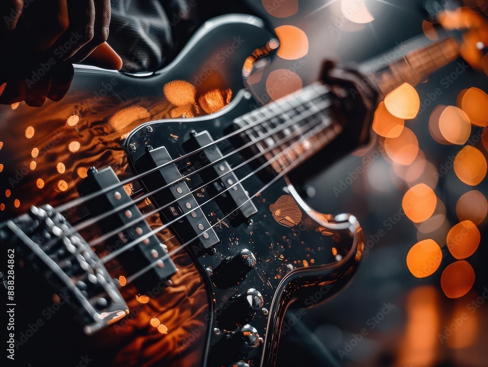 Obraz premium Bass guitar in the spotlight, closeup on the intricate play, rhythm vibrating through the ecstatic crowd
