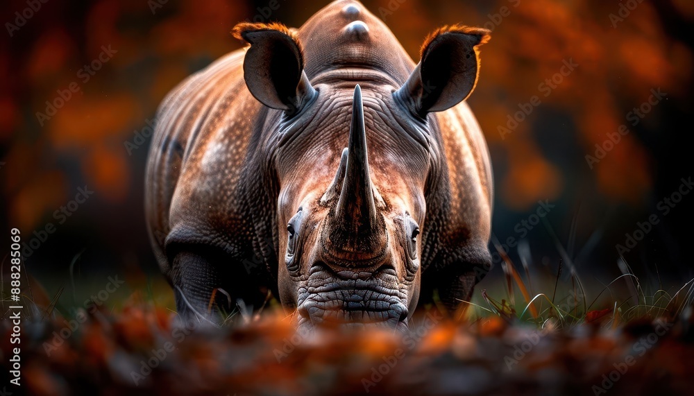 Fototapeta premium Closeup of a rhino grazing, capturing the peaceful moment of this exotic mammal in its natural habitat