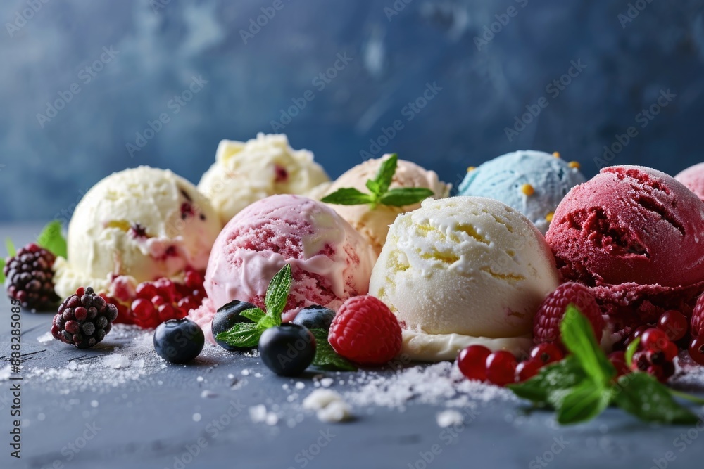 Various ice cream flavors on a table, perfect for dessert shots Various ice cream flavors on a table, perfect for dessert shots