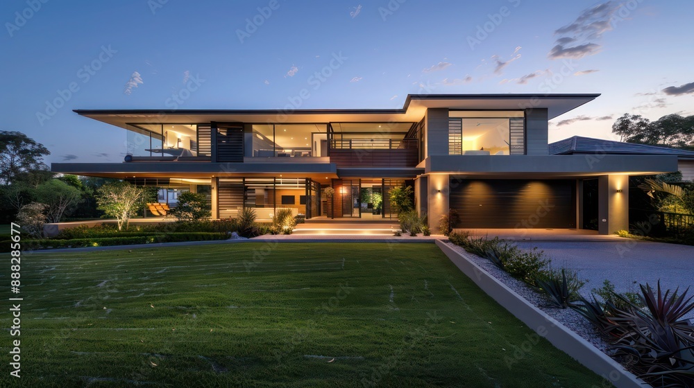 contemporary suburban home with an expansive front lawn and a hidden underground garage, maintaining a clutter-free aesthetic contemporary suburban home with an expansive front lawn and a hidden underground garage, maintaining a clutter-free aesthetic
