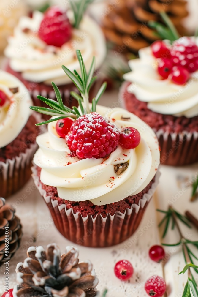 festive red velvet cupcakes with cream cheese frosting, topped with raspberries and sprigs of rosemary, surrounded by pinecones and berries, holiday-themed and warm colors festive red velvet cupcakes with cream cheese frosting, topped with raspberries and sprigs of rosemary, surrounded by pinecones and berries, holiday-themed and warm colors