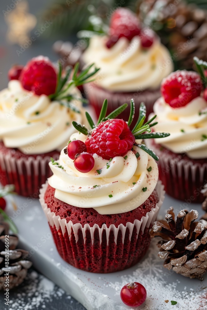 festive red velvet cupcakes with cream cheese frosting, topped with raspberries and sprigs of rosemary, surrounded by pinecones and berries, holiday-themed and warm colors festive red velvet cupcakes with cream cheese frosting, topped with raspberries and sprigs of rosemary, surrounded by pinecones and berries, holiday-themed and warm colors