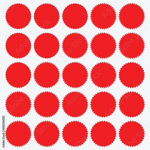 Sunburst sticker shapes. Rounded starburst zigzag badge, spiky oval, circle and star shaped price tag, discount and sale label stickers. Starburst icon.