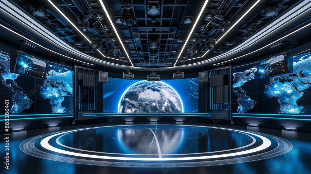 Obraz premium An attractive male TV journalist reporting live from a professional news studio