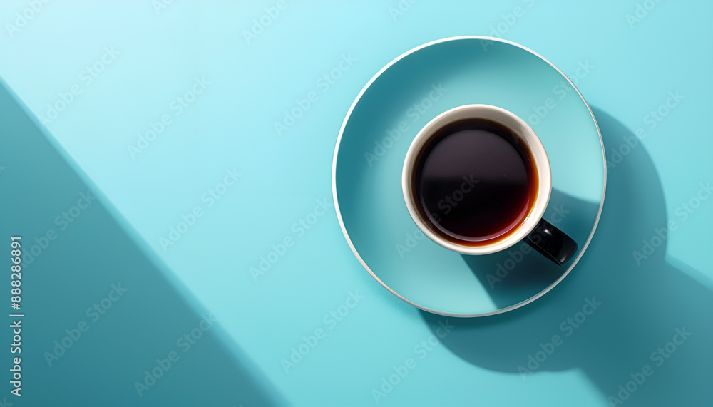 Tasty coffee in cup on light blue background, top view Tasty coffee in cup on light blue background, top view