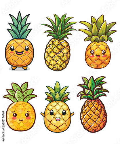 Floating pineapple cartoon vector icon Illustration Bundle, Food Nature Icon Concept Isolated Vector. Flat Cartoon Style