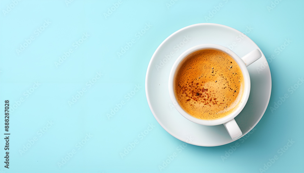 Tasty coffee in cup on light blue background, top view Tasty coffee in cup on light blue background, top view