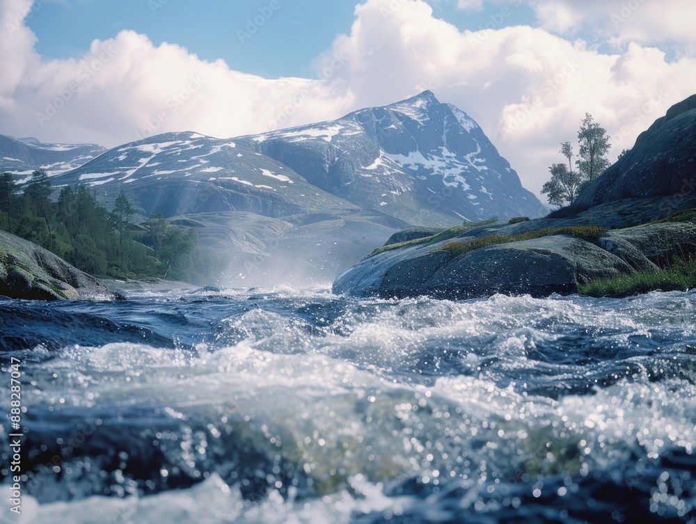 Obraz premium scenic view of a winding river amidst towering mountains, perfect for nature photography or wallpapers