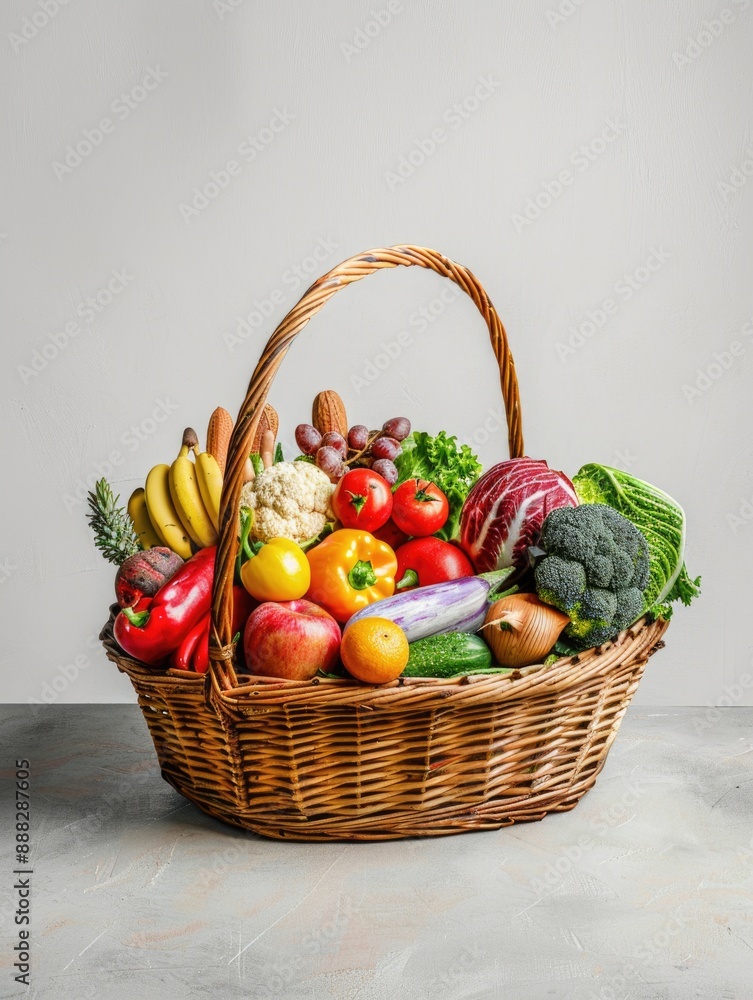 Assorted produce in handcrafted container, suitable for food market visuals Assorted produce in handcrafted container, suitable for food market visuals
