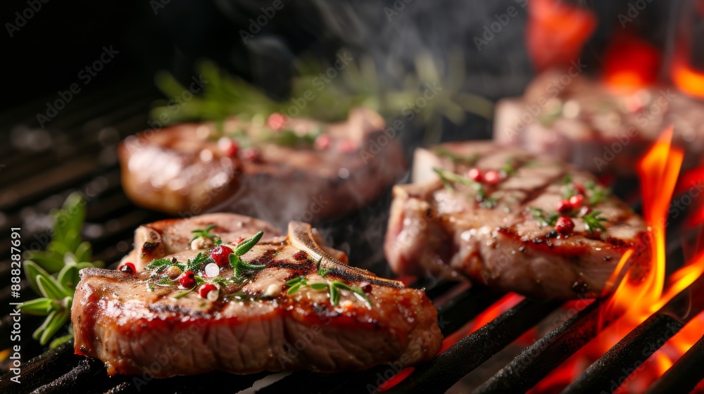 Close-up of raw pork chops sizzling on a hot grill Close-up of raw pork chops sizzling on a hot grill