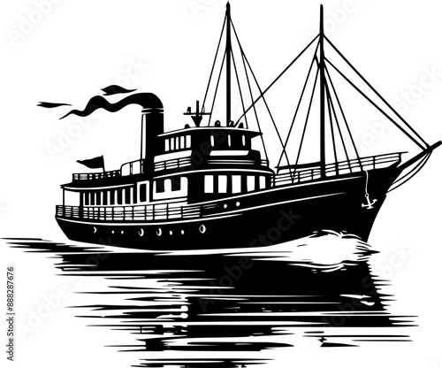 Ship in the sea, steamboat vector illustration
