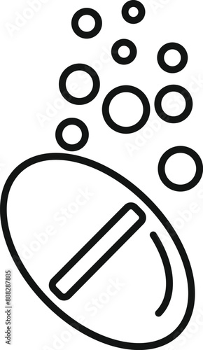 Line art icon of a pill dissolving in liquid with bubbles