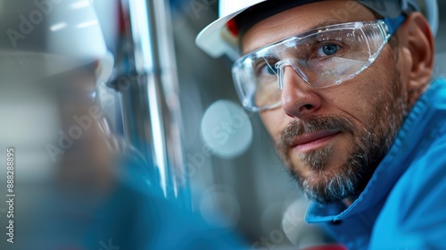 A focused engineer wearing safety glasses and protective gear, adjusting equipment in a technical setting, showcasing precision and concentration within an industrial background.