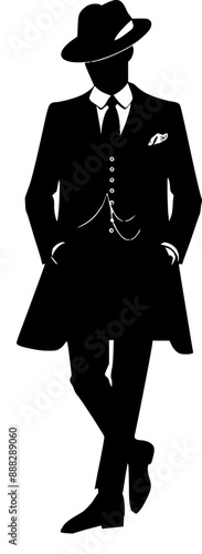Silhouette of gentlemen with edwardian victorian suit style , man with coat and hat 