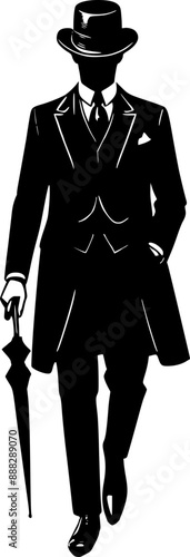 Man with gentlemen suit and umbrella , British gentlemen  with edwardian suit style  vector silhouette