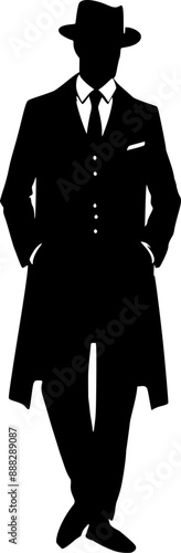 British gentlemen style, Man with loang coat and hat vector  silhouette 