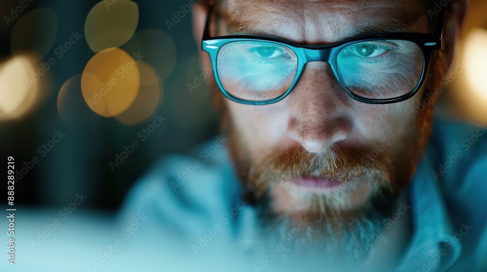 Close-up view of a person wearing glasses as they work at night, with a focused expression, illuminated by the light from a screen, conveying nighttime dedication. Close-up view of a person wearing glasses as they work at night, with a focused expression, illuminated by the light from a screen, conveying nighttime dedication.