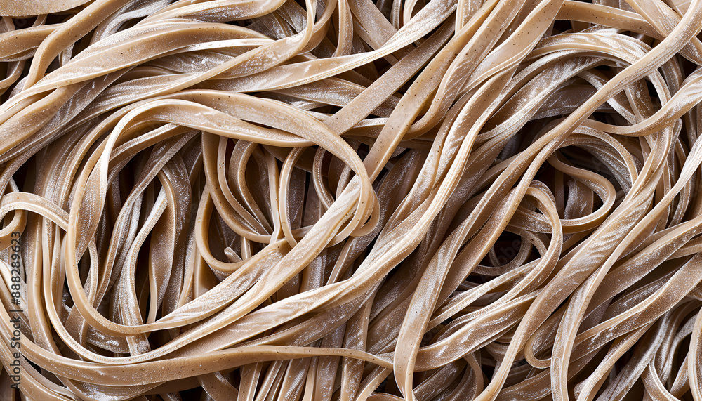 Uncooked buckwheat noodles (soba) as background, top view Uncooked buckwheat noodles (soba) as background, top view