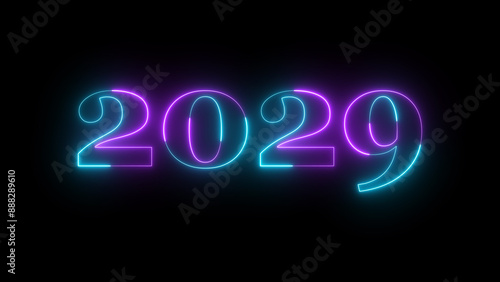 Neon text calendar 2029 illustration, glowing neon icon cyan and purple colors.