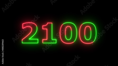 Neon text calendar 2100 Sal illustration, glowing neon icon green and red colors. 