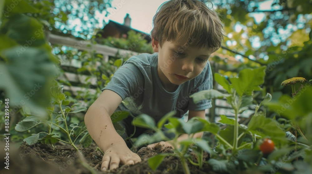 A child exploring soil and plants, ideal for educational content A child exploring soil and plants, ideal for educational content