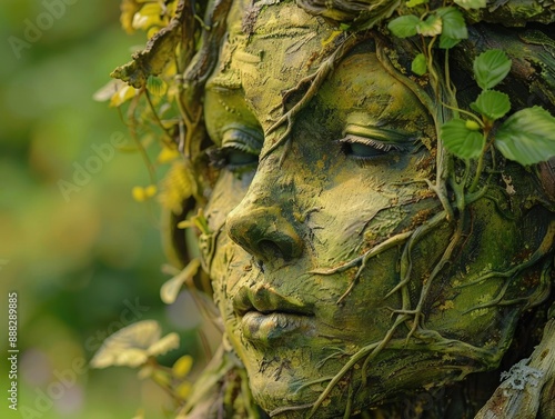A detailed shot of a sculpted female figure, adorned with foliage atop her crown