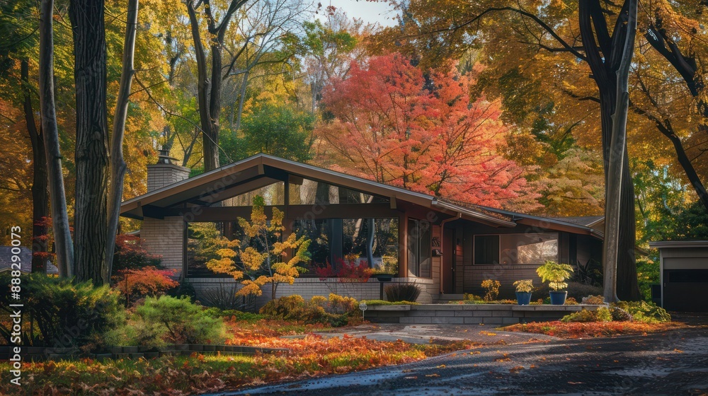 cozy suburban mid-century modern home during autumn, surrounded by trees with multicolored leaves cozy suburban mid-century modern home during autumn, surrounded by trees with multicolored leaves