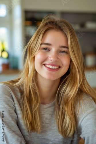 A cheerful image featuring a female subject with flowing blonde locks, beaming joyfully towards the lens