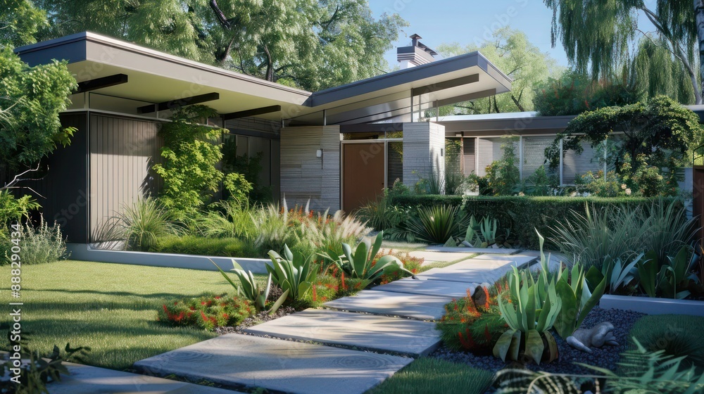 Obraz premium suburban mid-century modern home with a front yard designed as a native plant garden, emphasizing sustainability and natural beauty