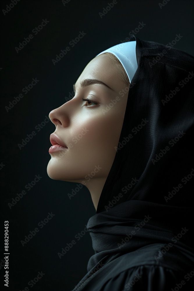 Profile portrait of a serene, contemplative woman dressed in a traditional habit against a dark background. Profile portrait of a serene, contemplative woman dressed in a traditional habit against a dark background.