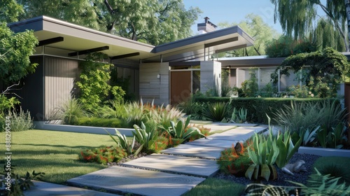 suburban mid-century modern home with a front yard designed as a native plant garden, emphasizing sustainability and natural beauty