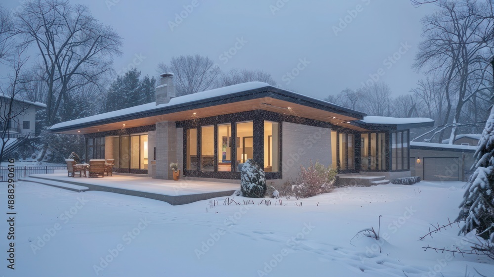 The exterior of a Suburban Modern home during a snowfall, highlighting its clean lines against the white landscape The exterior of a Suburban Modern home during a snowfall, highlighting its clean lines against the white landscape
