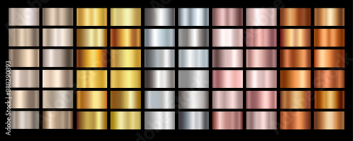 Gold rose, silver, bronze, copper and golden foil texture gradation background set. Vector shiny and metalic gradient collection for border, frame, ribbon, label design