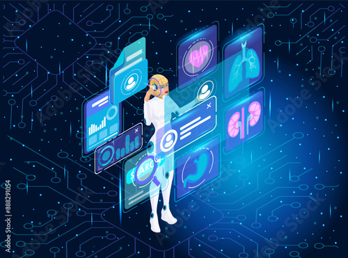 Artificial Intelligence banner, Deep machine learning AI. AI in medicine. AI examines chart patient. Patient Data Management