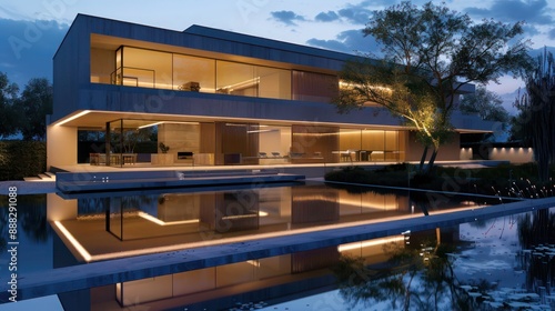 suburban contemporary home with a minimalist fa? section ade, hidden LED lighting, and a reflective water feature