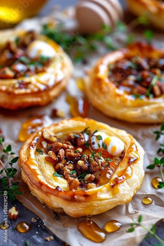 honey and walnut puff pastry tarts with goat cheese and thyme, drizzled with honey and sprinkled with fresh herbs, golden and appetizing colors