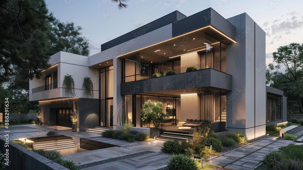 Fototapeta premium suburban modern home with a geometric facade, featuring a monochrome color scheme and dramatic landscape lighting