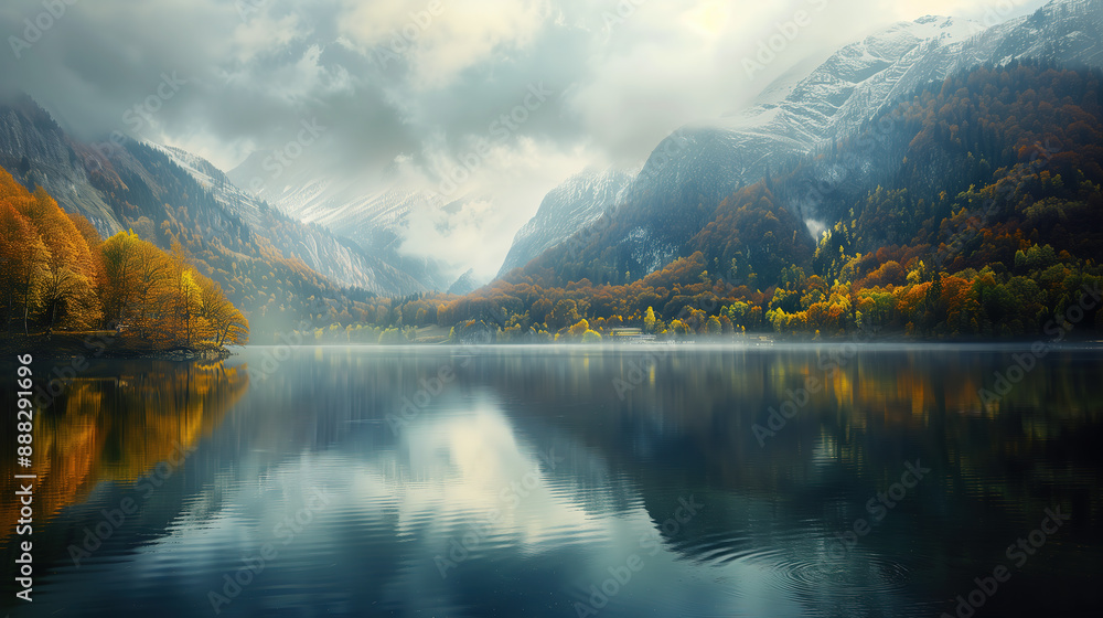 Obraz premium beautiful and atmospheric autumn landscape with mountains and a lake