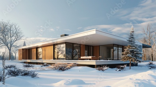 minimalist suburban contemporary home featuring an asymmetrical design and natural wood accents amidst a snowy landscape