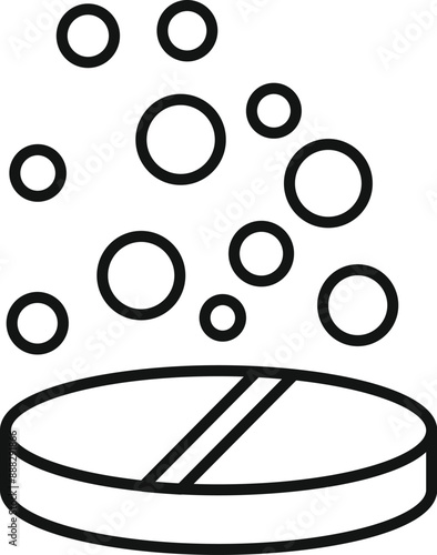 Line art icon of a round effervescent tablet dissolving in liquid with bubbles
