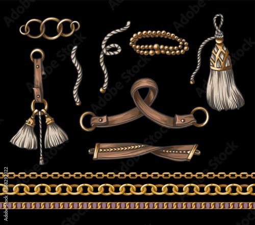Golden vintage chain and belts isolated. Vector.